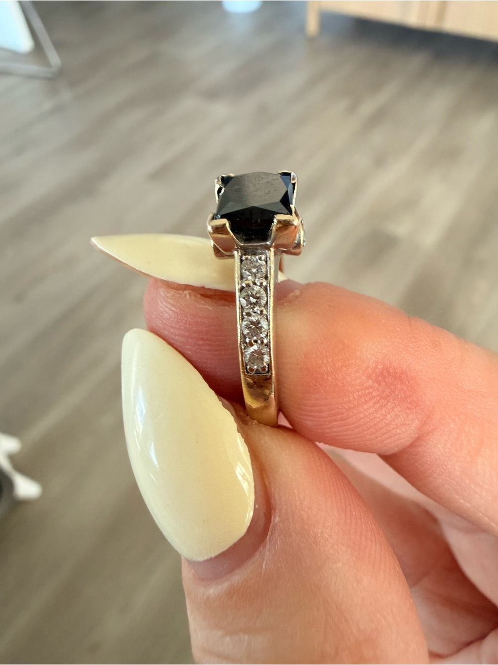 1.25 ct Black Solitaire Princess Cut and white diamond engagement ring. 5.5mm